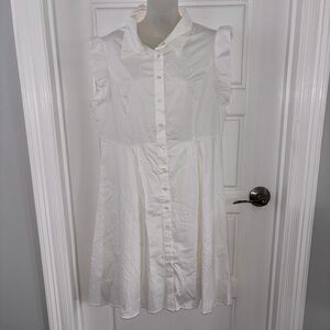 Allegra K White Ruffle Cap Sleeve A-Line Lined Button Down Dress Size Large NWT